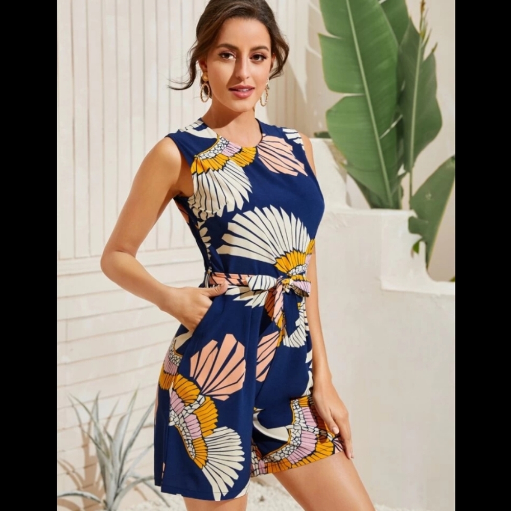 Navy Graphic Print Belted Sleeveless Romper - Picture 5 of 7
